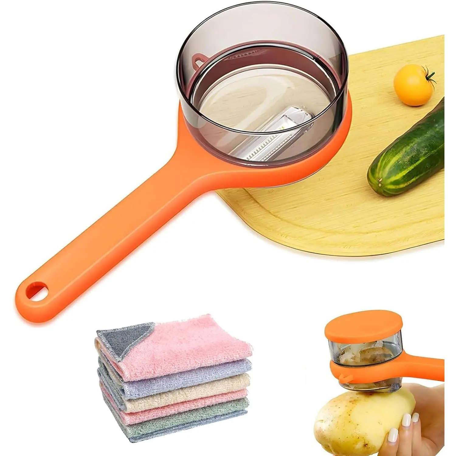 New Multi-Function Vegetable Fruit Peeler with Storage Box, Double-Sided Stainless Steel Kitchen Peeling Knife (Orange)