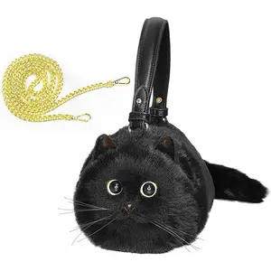 Realistic Puffy Plush Cat Shaped Crossbody Handbag for Women