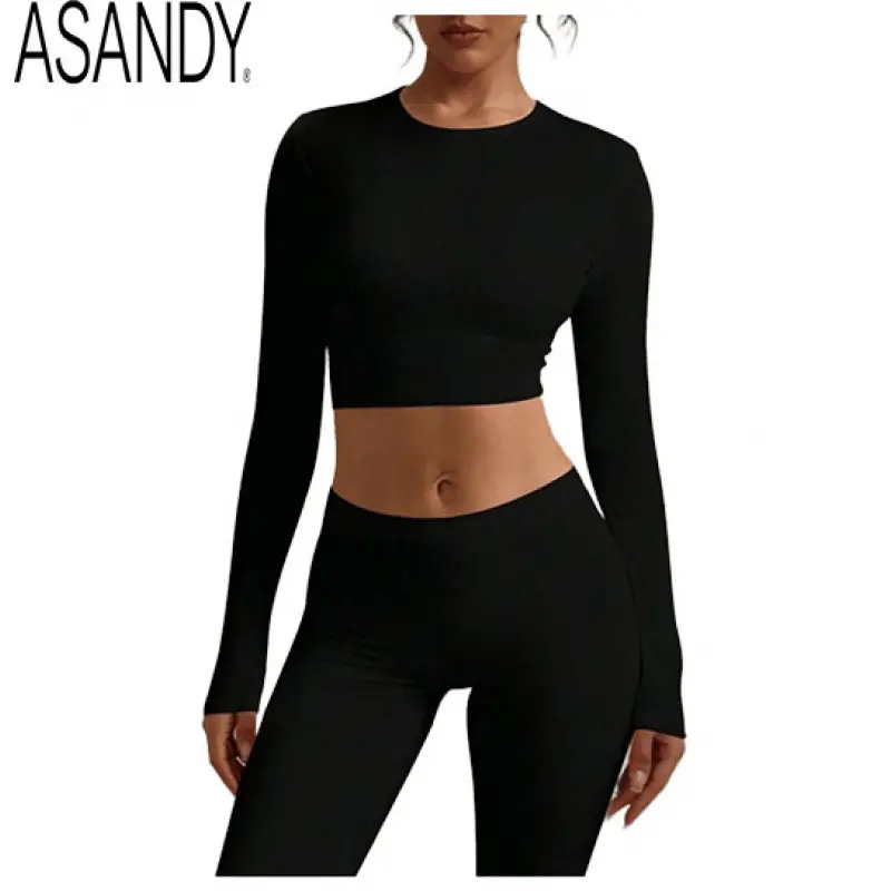 ASANDY Women Fitted Long Sleeve Crew Neck Crop Top Elastic Double Layer White T Shirt Spring Summer Casual Yoga Activewear, Crewneck Workout Tops, Cropped Yoga Top