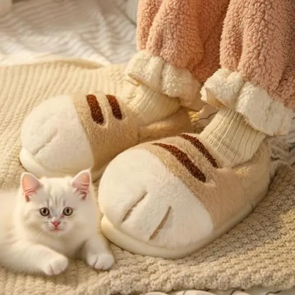 Walking Shoes for Women, Unisex Cute Cat Paw Soft Cotton Slippers, Less Than Ankle Indoor House Shoes with Plush Lining and Antislip Rubber Base, Gf