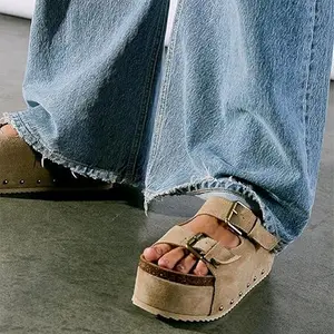 Heelchic Women's Cork Flatform Sandals Dual Buckled Band Suede Clogs Platform Slip On Sandals