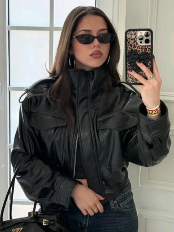 Women's Cropped Bomber Jacket Demi-Season Faux Leather Jacket Long Sleeve Green Black Jacket Women's Moto Biker Zipper Jacket Street Short Coat Aviator Jackets