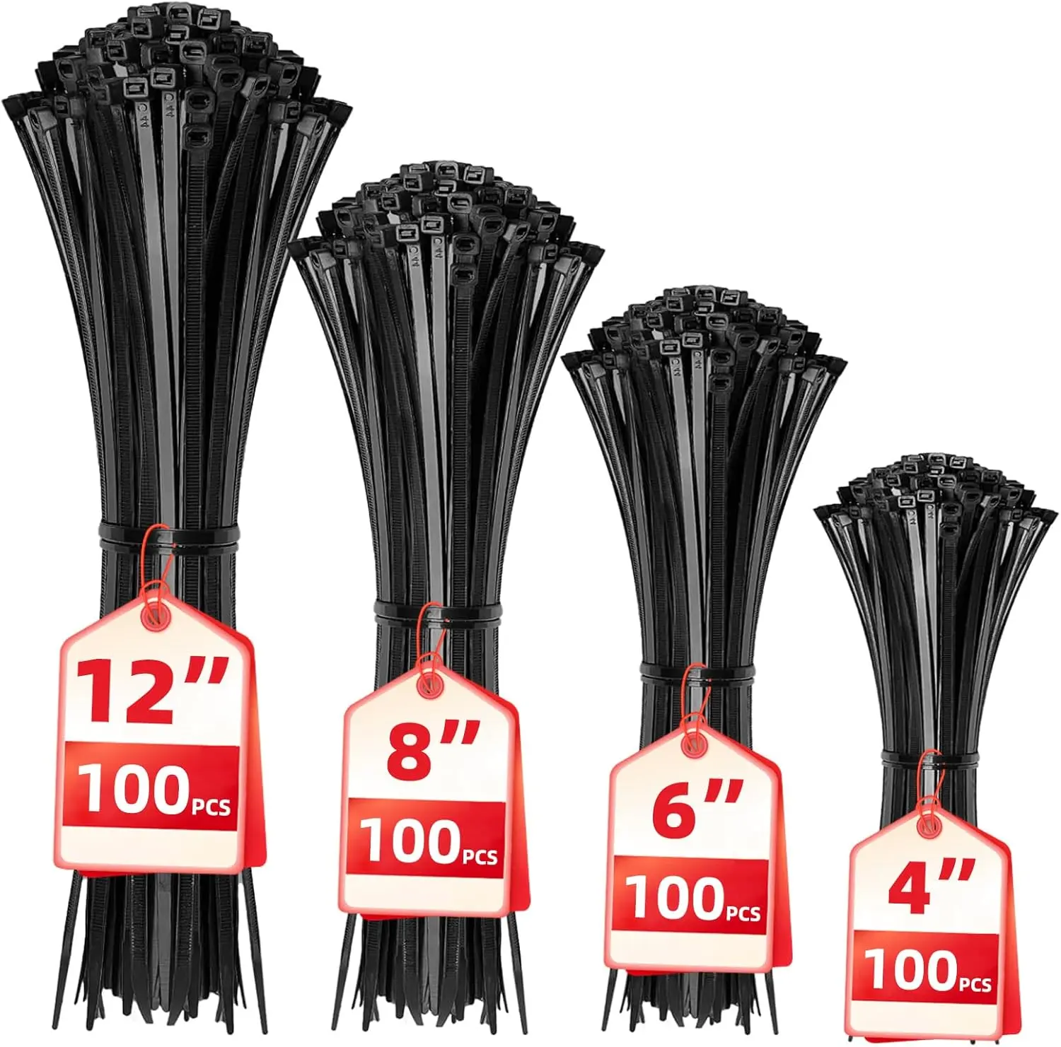 Cable Zip Ties,400 Pack Black Assorted Sizes 12+8+6+4 Inch,Multi-Purpose Self-Locking Nylon Cable Cord Management,Plastic Wire Ties for Home,Office,Garden,Workshop
