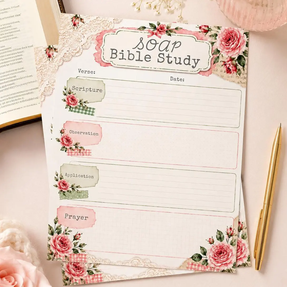 20 SOAP Bible Study Sheets, Floral Bible Journaling Tip Ins, 20 Christian Study Note Pages, Prayer Journal Inserts, Rosewood Collection Studying Essentials Note Taking Supplies