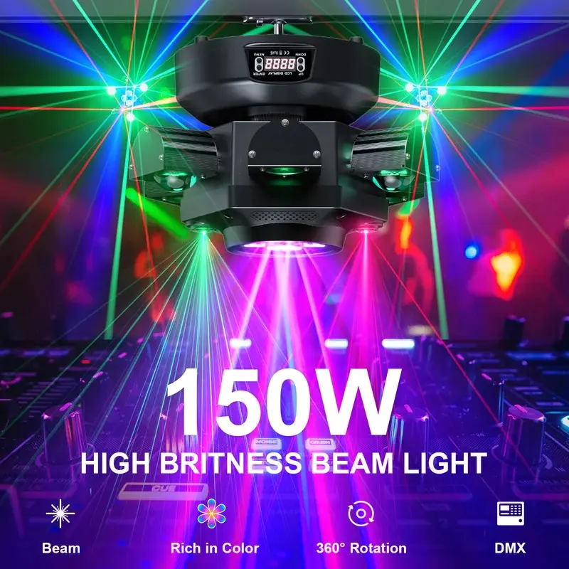 6-Arm Moving Head DJ Light - Professional 150W High Brightness RGBW Bee-Eye Beam with LED Halo Ring, AC 100V-240V, 24-Channel DMX512, White Amber Strobe, Sound & Voice Control, 31x31x21cm for Events