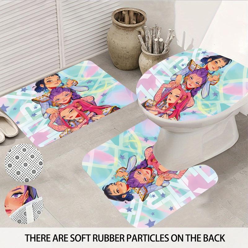 4pcs K-POP Demon Hunters Bathroom Set, Shower Curtain with Hooks, Non-Slip Bath Rug, U-Shaped Toilet Mat, Toilet Lid Cover, Bathroom Shower Equipment, Bathroom Decoration Accessories