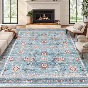 8x10 Vintage Washable Area Rug, Soft Non-Slip Low Pile Carpet for Living Room Bedroom Dining Room, Blue