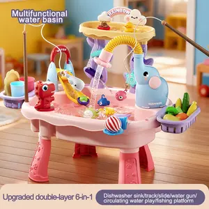 Cute Elephant Water Play Table, Dual Layer Activity Table, Kids Multi-Functional Water Table, Kitchen Sink Role Play, Fishing Toy Set