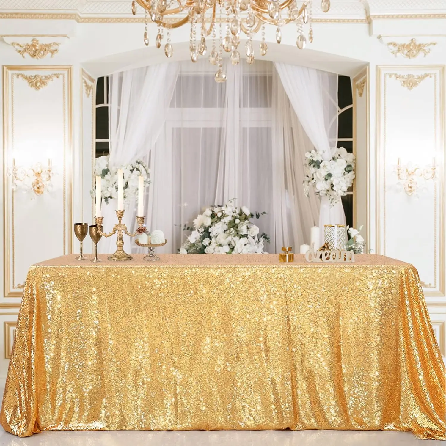 2-Pack Gold Rectangle Shiny Polyester Sequin Party Tablecloths - 50x80 in Festive Holiday Table Covers for Birthday, Decoration Events, Cake Dessert Exhibitions