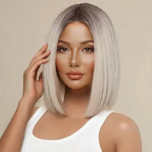 Short Curly Wig With Bangs For Women Brown Ombre 14" Matte Heat-Resistant Fiber | Breathable Rose Net Cap | Elegant Wavy Style For Holiday & Daily Wear | Stylish Natural Hairpiece