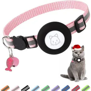 Airtag Cat Collar, Air tag Cat Collar with Bell and Safety Buckle in 3/8" Width, Reflective Collar with Waterproof Airtag Holder Compatible with Apple Airtag for Cat Dog Kitten Puppy (Pink)