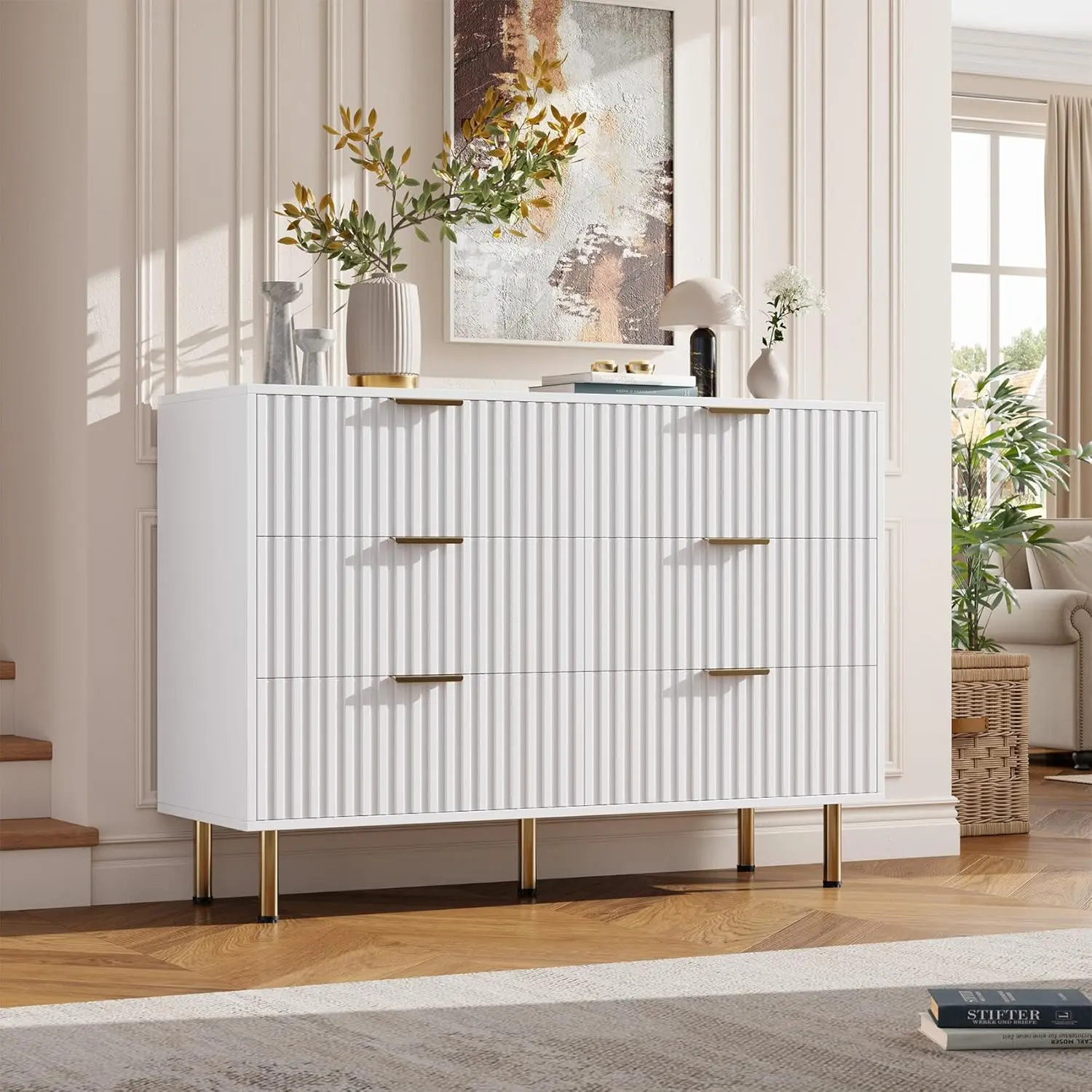 【BacktoSchool】Flash sale home items Modern Fluted 6-Drawer Dresser TV Stand, 54" Wide Wooden Chest of Drawers with Deep Storage, Entertainment Console for Living Room/Bedroom/Hallway/Kids Room - White/Green/Grey