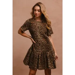 BiBi Tie Back Leopard Round Neck Short Sleeve Dress