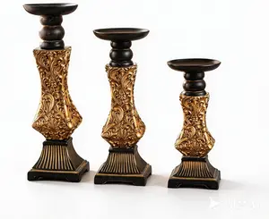 Ornate Resin Pillar Candle Holders Set of 3 Baroque Gothic Decorative Candlesticks in Black & Gold (8", 10", 12") for Home Decor, Weddings & Centerpieces