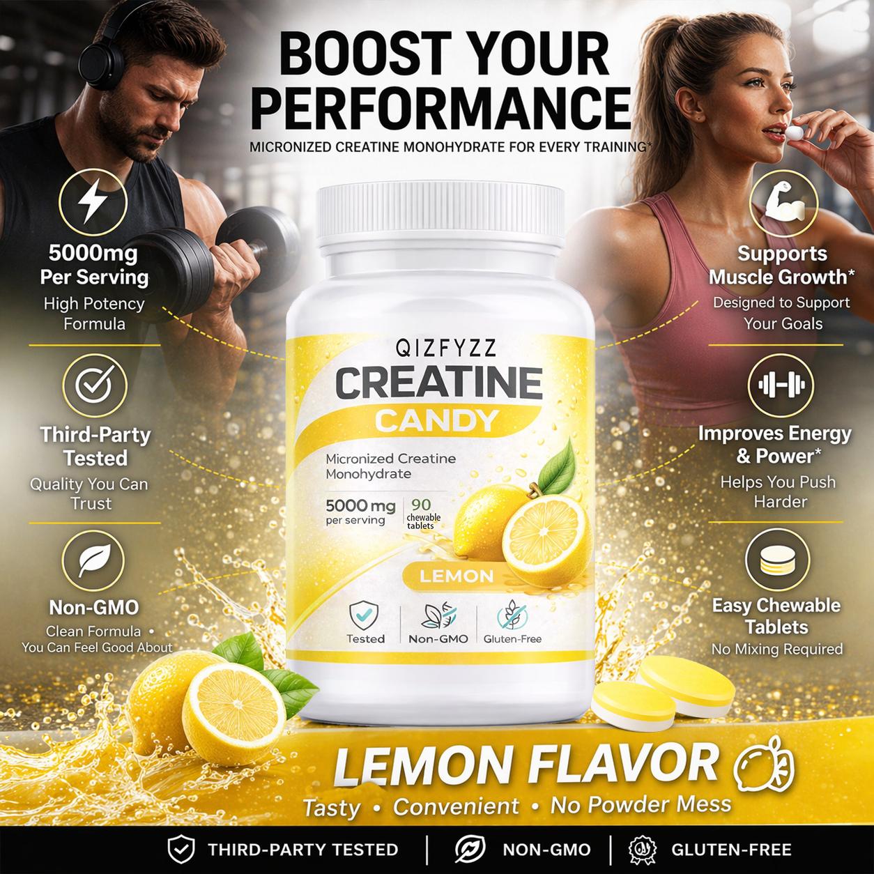 Creatine Chews 5000mg – Lemon Flavor | Micronized Creatine Monohydrate, 90 Chewable Tablets | Energy, Strength & Workout Performance | No Mixing Required