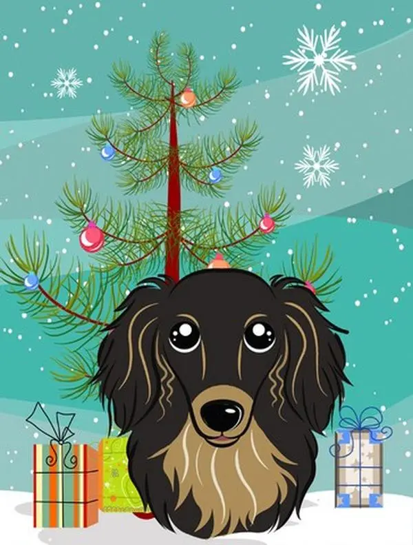 212 MAIN Christmas Tree & Longhair Black-Tan Dachshund Garden Flag, 11x15 in Double-Sided Polyester Fade-Resistant Rectangular Outdoor Decor, Boating & Household Decoration Accessory