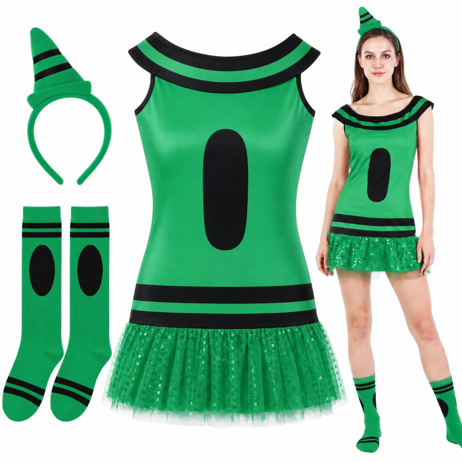 Halloween Crayon Costume Set for Women Men Teachers, 28.7in long, 37in Bust, 31.5in waist, Polyester Crayon Tutu Skirt Dress & Socks & Handband for Halloween Group Team Cosplay