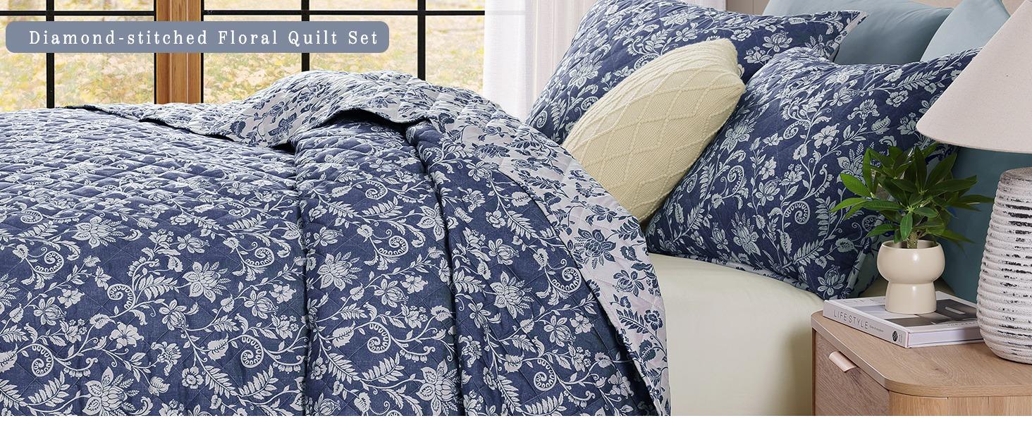 Quilt Set Twin Size, Oxford Blue Floral Quilt Sets, Reversible Bedspread Lightweight and Breathable for All Seasons, Soft Quilted Bedspread with 1 Pillow Sham