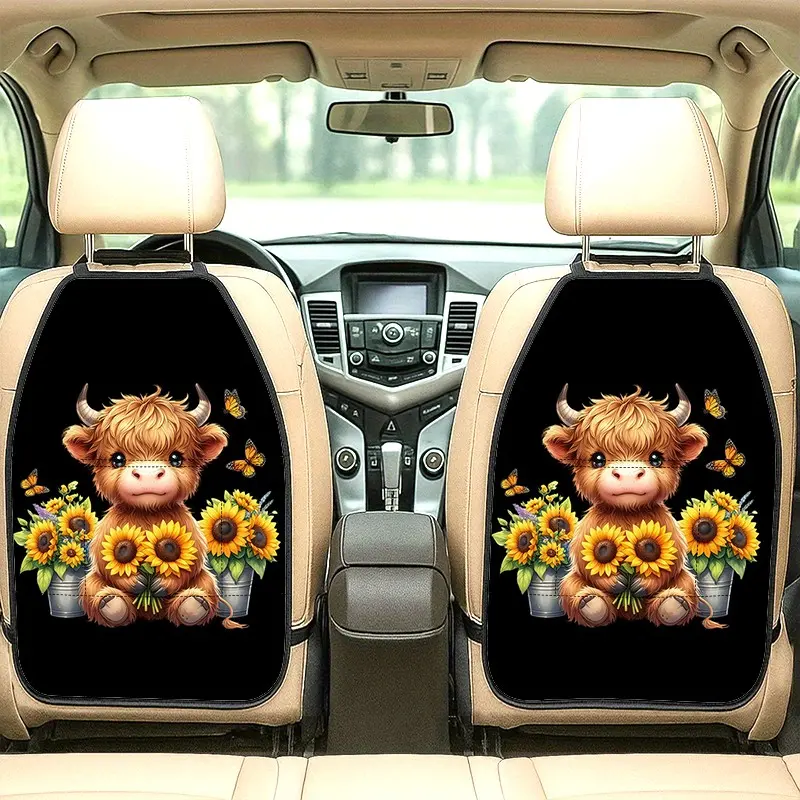 2pcs Highland cattle and sunflowers Pattern Car Seat Back Organizer, dual functionality for storage and kick protection, Interior accessories, Car seat kick pad, convenience for daily commute, Auto Accessories Interior