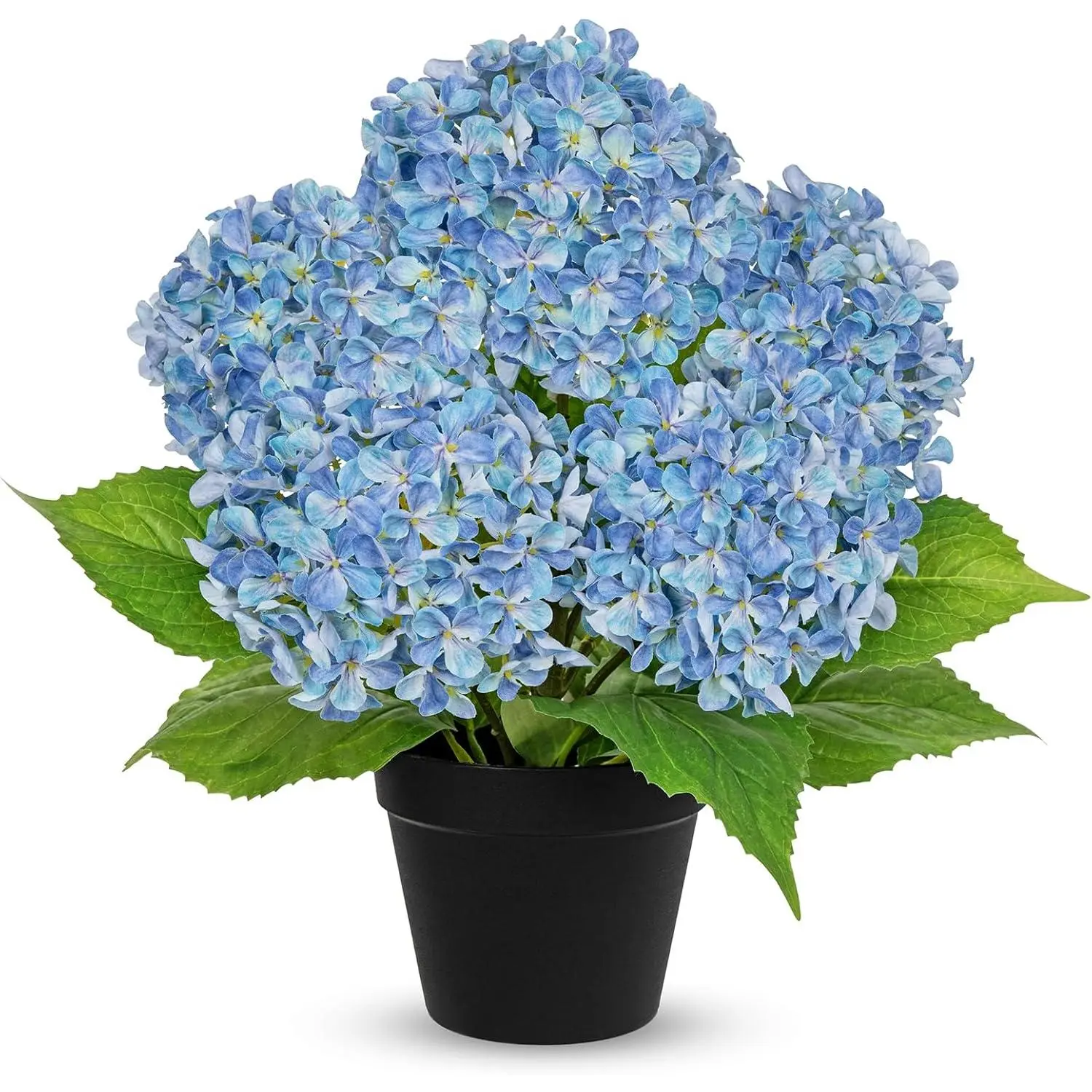 18" Hydrangea Artificial Flowers Plant in Black Plastic Pot, Fake Hydrangeas Plants for Home Office Indoor Outdoor Decor, Realistic Floral Centerpiece for Living Room & Porch Decorations, Blue