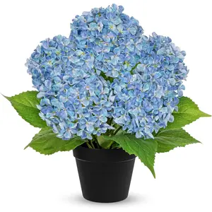 18" Hydrangea Artificial Flowers Plant in Black Plastic Pot, Fake Hydrangeas Plants for Home Office Indoor Outdoor Decor, Realistic Floral Centerpiece for Living Room & Porch Decorations, Blue