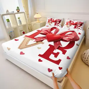 Cute Love Heart Bow Fitted Sheet, 3 Piece Romantic Bedding Set, Heart Polka Dot Bow Print, Valentine's Day Gift, Bedroom Decor