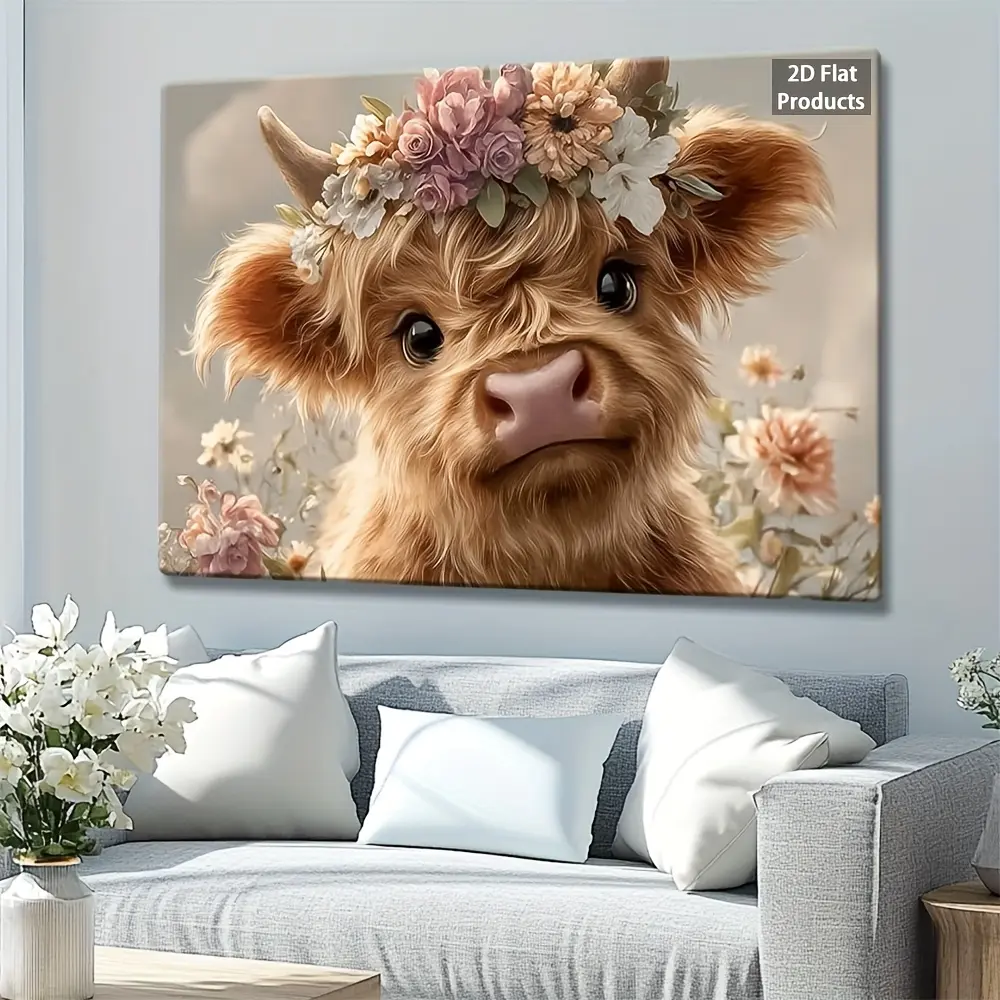 2D Flat, 2D Flat High-Quality Art Prints with Wooden Frame Cute Baby Highland Cow with a flower crown on its head 2 for kitchen, home office, living room, bedroom, dining room, indoor use, wall hanging decoration, poster, 2D Flat