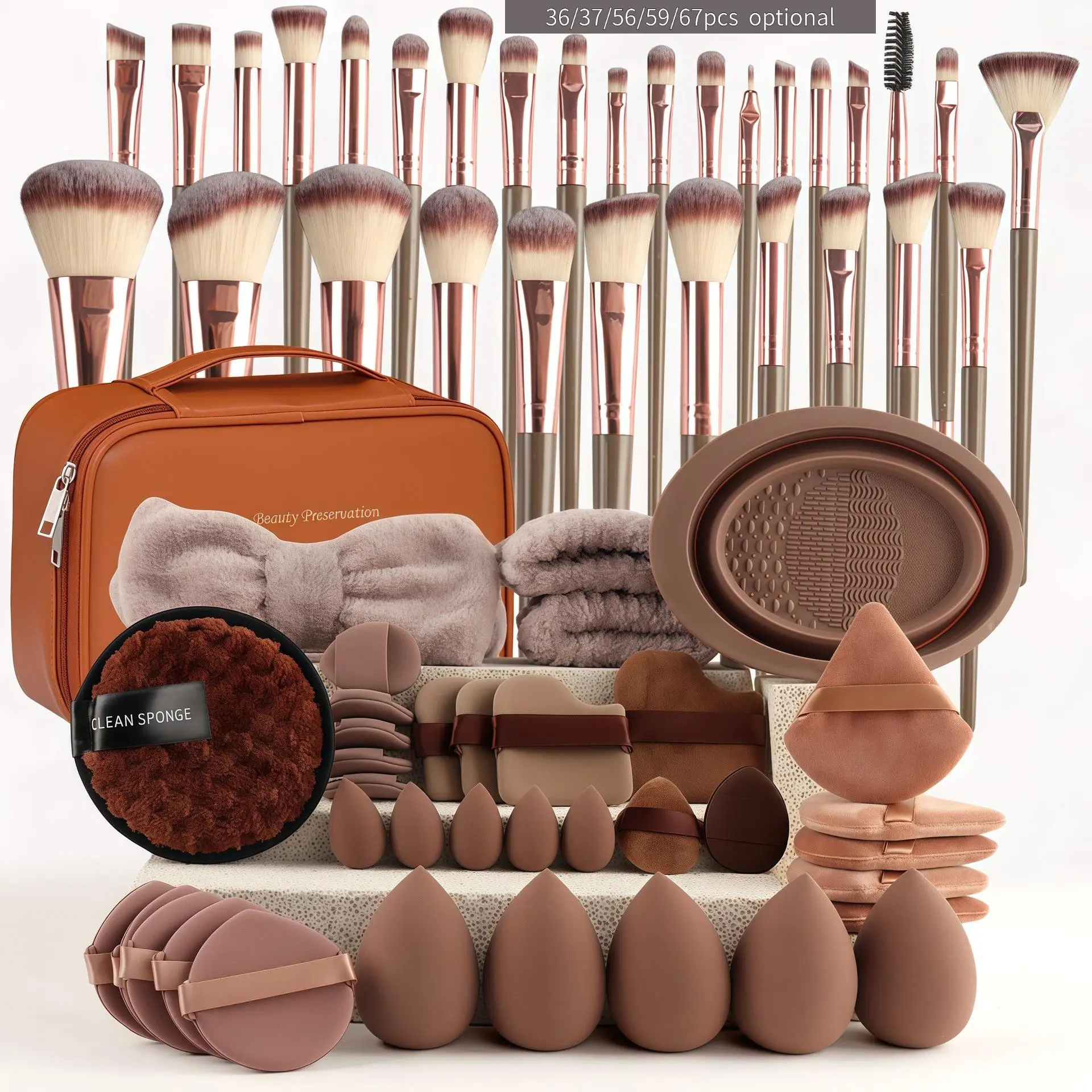Beauty Tool Set Includes Cosmetic Tools, Makeup Brush Sponge, Makeup Brushes, Beauty Blender, Finger Puffs, Cushion Compact, Powder Puff, Cleansing Puff, Hair Tie, Travel Bag, Makeup Tools Set