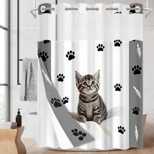 1pc hookless shower curtain with buckle lining, grey and white kitten paw print feather design, 2D flat printing, fabric waterproof lining, see-through double-layer shower curtain, 71 x 74 inches, modern home draping curtain.