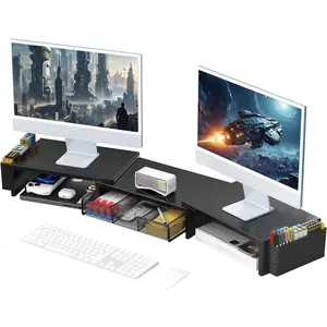 Dual  Stand Riser, Desk Organizer With Drawer and 2 Pen Holders, Computer  Stand, Desk Shelf for Top of Desk, Balck