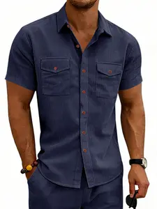 Men's Summer Fashion Loose Fit Corduroy Workwear Short Sleeve Shirt, Casual Outdoor Button-Down Top, Trendy New Arrival