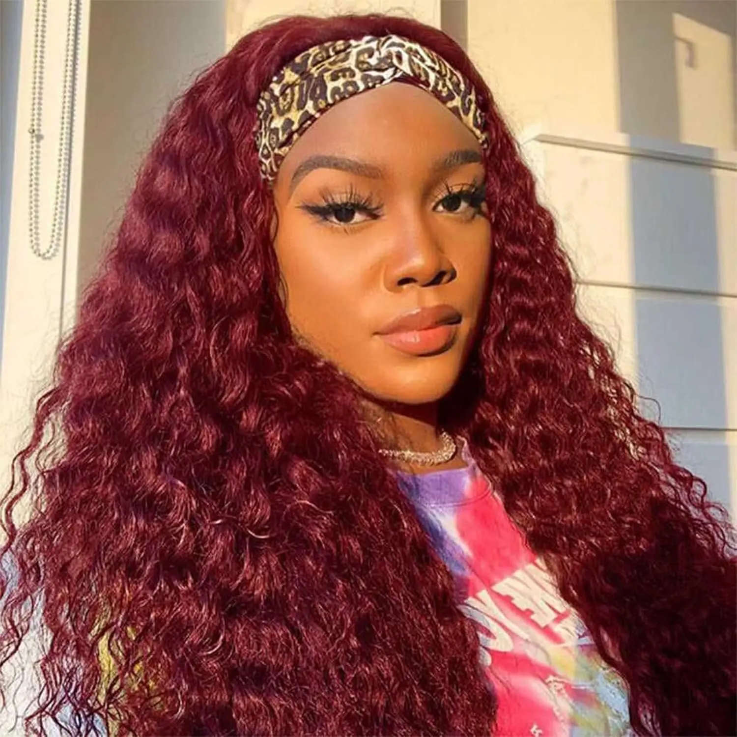 Burgundy Headband Wig Human Hair Deep Wave Curly 99J Human Hair Headband wigs for women Glueless 180% Density human hair headband wig