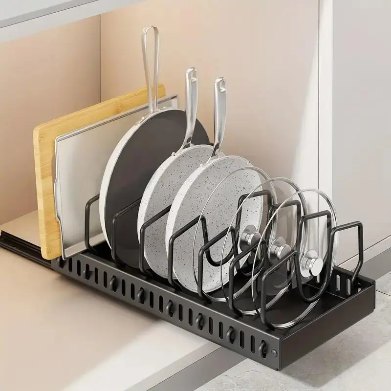 Pack Pull Out Cabinet Organizer for Pots and Pans, Black Storage Rack with 8 Adjustable Dividers, Kitchen Cabinet Organizer for Pot Lids, Bakeware, Dishes Storage