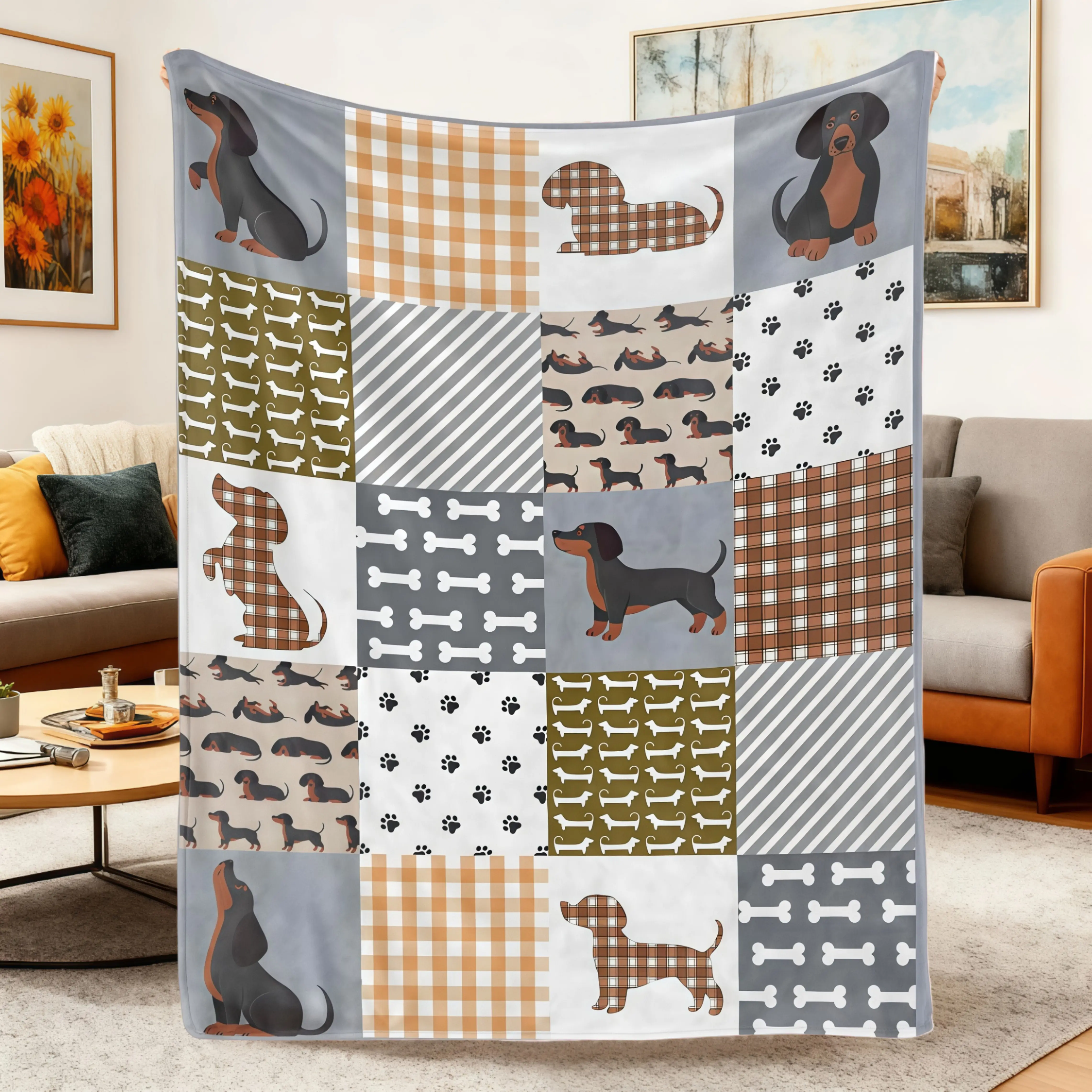Cute Dachshund Blanket Sausage Dog Soft Flannel Throw Blanket,Cartoon Wiener Dog Patchwork Paw Print Cozy  Blanket for Bed Couch Sofa,Dog Lover Gift for Women Kids