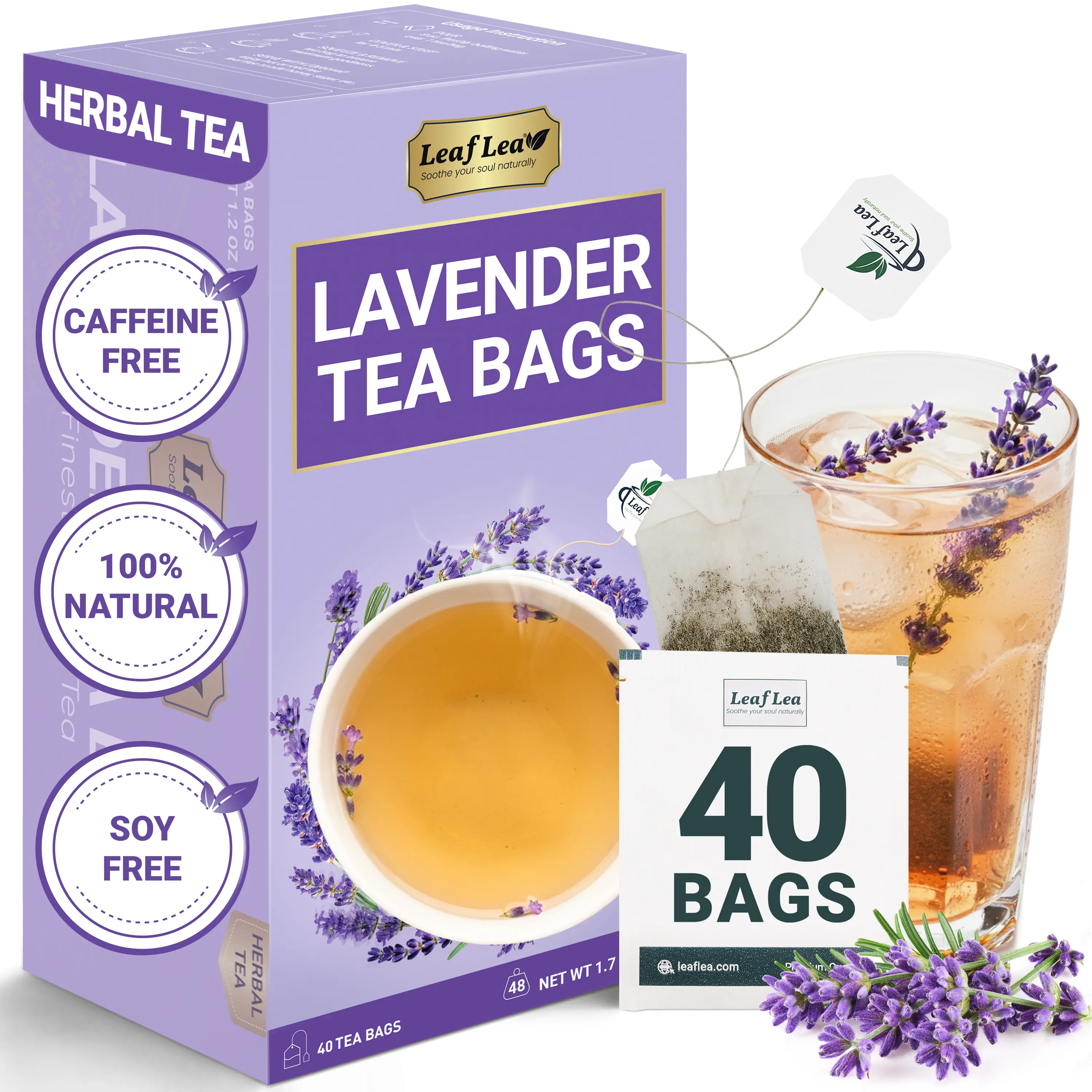 LeafLea Lavender Tea Bags, Pure Lavender Flower Herbal Tea, Just Real Lavender, Nothing Else, Soft Floral Aroma, Caffeine-Free, A Calming Cup Before Bed, Individually Foil-Wrapped
