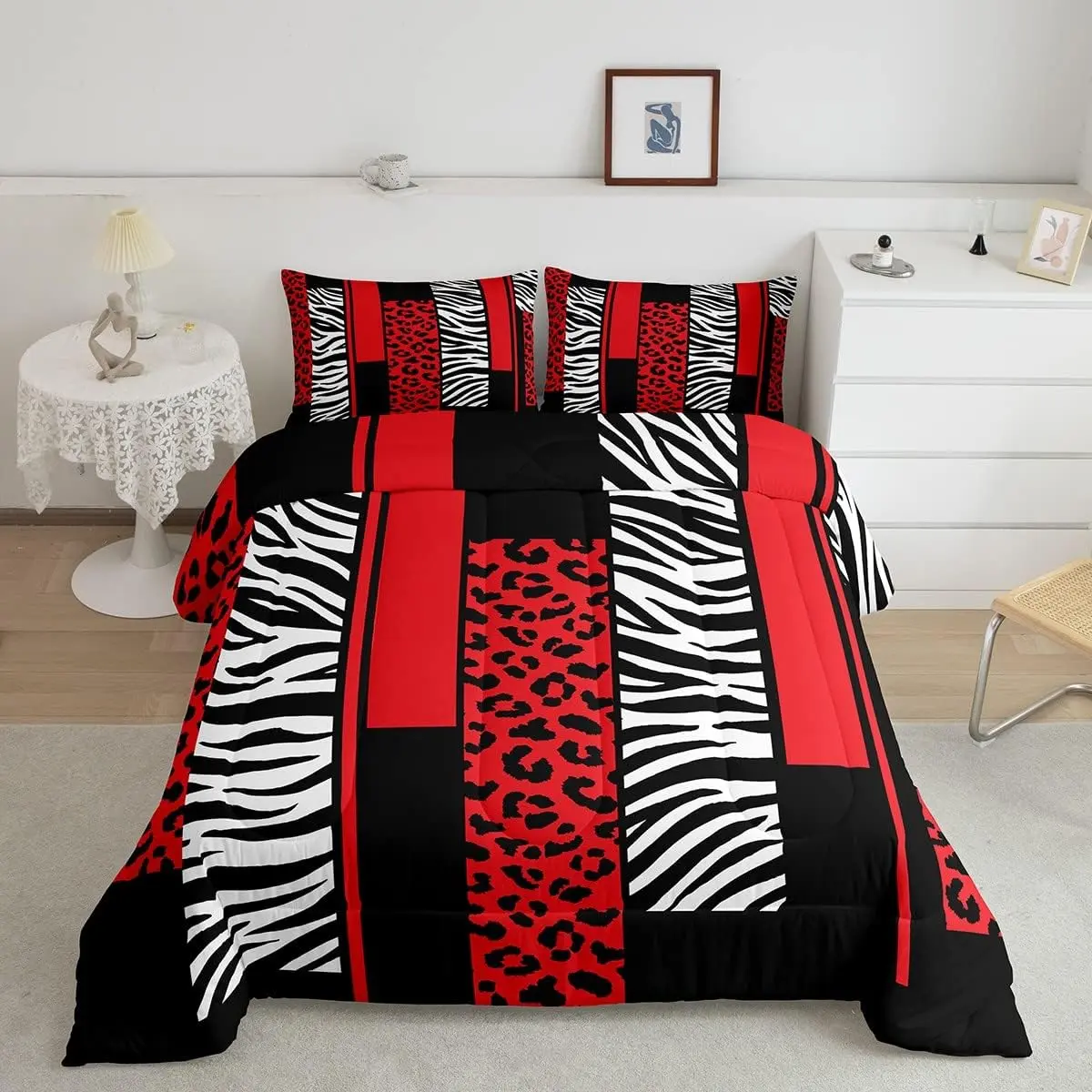 Feelyou Breathable Microfiber Duvet Cover Set - Animal Print (Leopard, Zebra, Cheetah) Luxury Decorative Microfiber Bedding Set, Red White Black Modern Bedroom Safari Quilt Decor