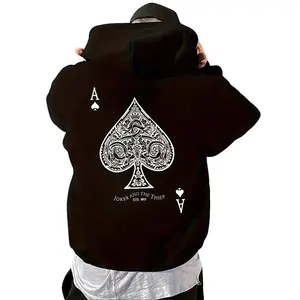 Men's Hooded Sweatshirt Ace of Spades Graphic Poker Design Loose Fit Casual Pullover with Pocket Warm Fleece Lining for Autumn Winter Versatile Sports Casual Attire Joker Themed Lettering