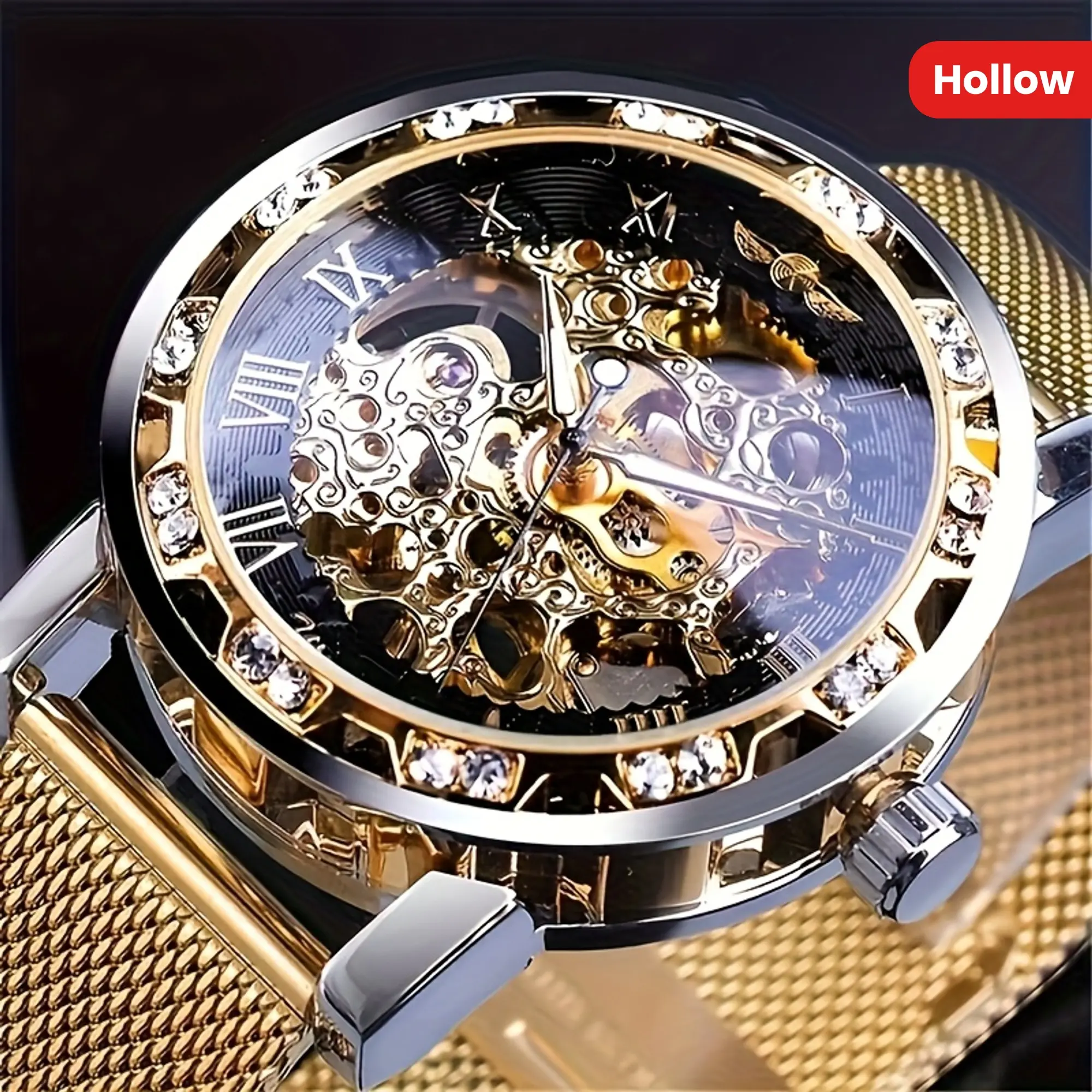 Men's Luxury Skeleton Mechanical Watch with Metal Strap, Round Alloy Case, and Manual Winding Movement, Skeleton Design, Fashion Brand, Others, Steel Alloy, Hollow Detail