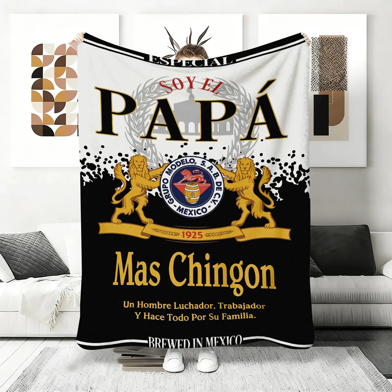 'Soy El Papá’ Flannel Blankets, Mexican Cultu0re Gift for Men, Black and Gold Lion Design Fleece Throw, 'Luchador y Trabajador’ Print, Gift for Dad, Husband,  father son blanket wrap,  bedding,plush blankets, mellow blanket