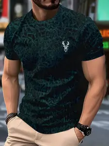 Men's Novelty Deer Print T-Shirt, Casual Polyester Round Neck Short Sleeve Top, Abstract Money Design