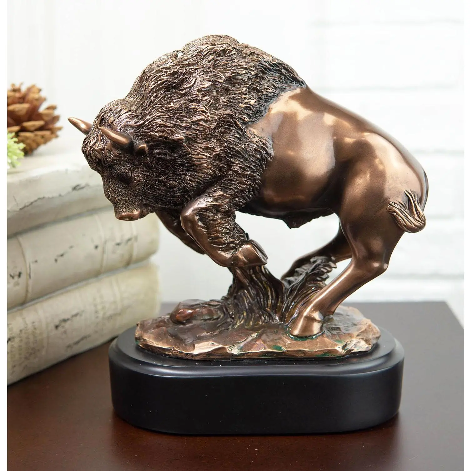 Western American Buffalo Bison Bull Bronze Electroplated Resin Figurine, Home Decor Sculpture for Table & Shelves