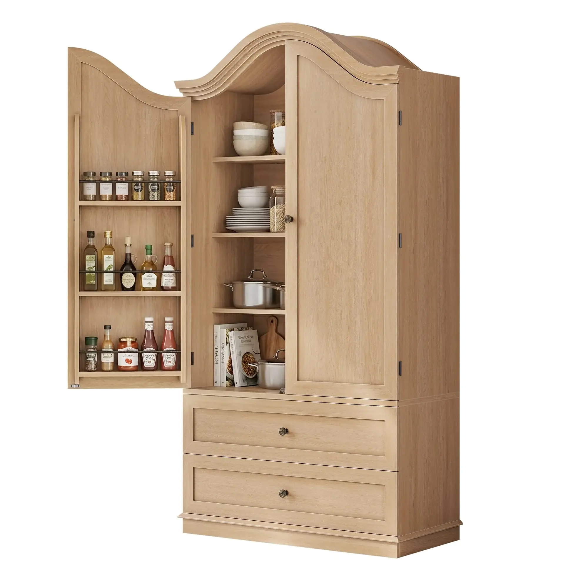 70.9 inch Tall Kitchen Pantry Cabinet with Scalloped Arched Top Natural