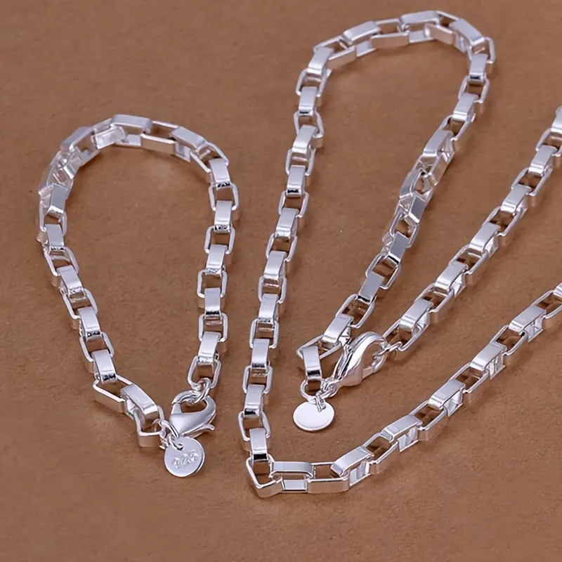 Unisex 2-Piece Silver-Plated 4mm Rectangular Links Chain Jewelry Set, Bracelet & Necklace – Popular Choice for Birthday Gift Ideas, Girlfriend Birthday Gift, Fashion Party Costume Accessories, Unisex Wear