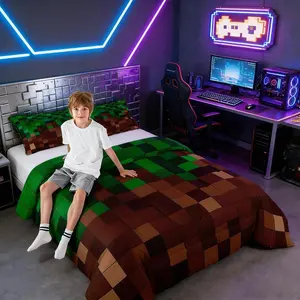 Pixelated Girls Bedding Set,Patchwork Grid Video Games Comforter Set,Miners Lattice Simple Quilt Comforter Girls Boys Teens,Dark Green Brown Room Decor All Season
