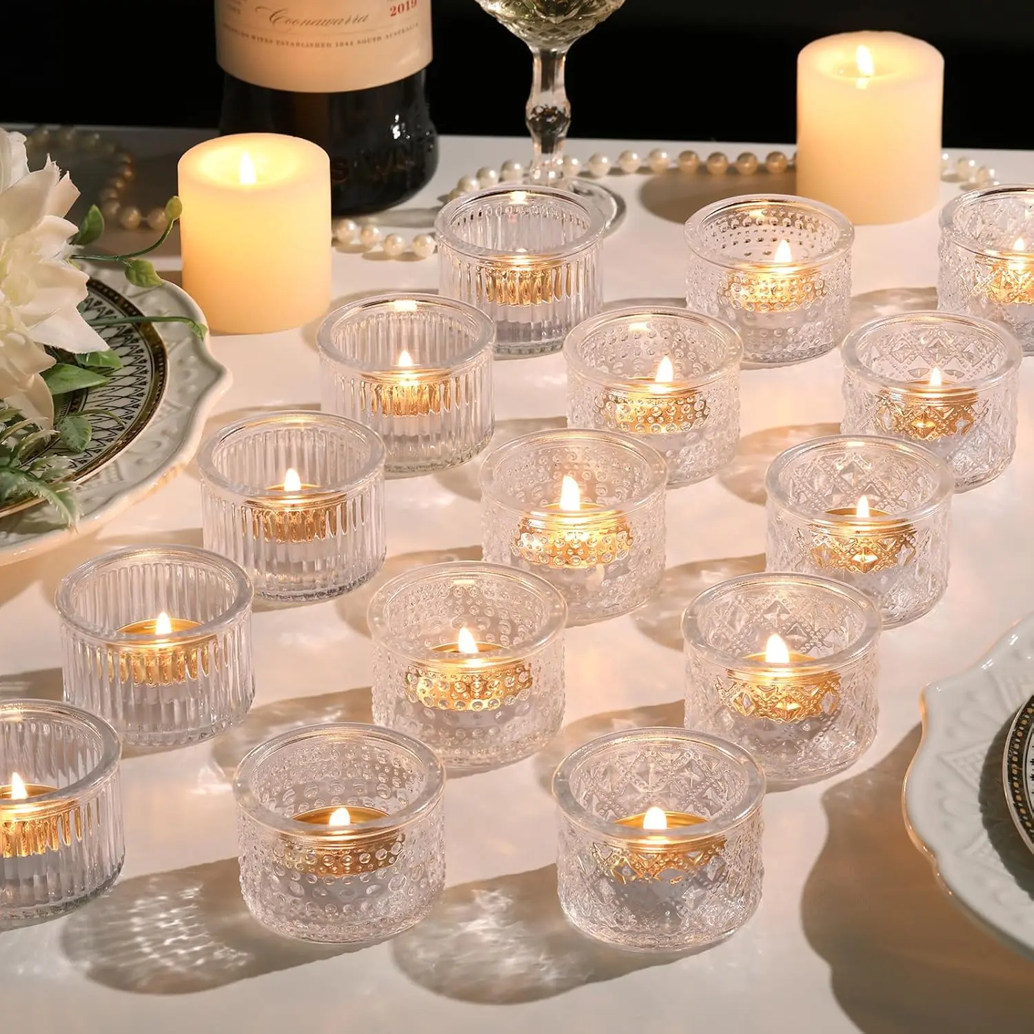 Lanttu 15 Pcs Glass Clear Tealight Candle Holders Bulk Votive Candle Holders Set Ribbed Dot Diamond Pattern Designs Vintage Candle Holders for Wedding Table Centerpiece Home Party Holiday Decor