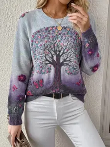 Elegant Women's Knit Sweater, Printed Effect, Colorblock Pullover, Fashionable Casual Wear, Long Sleeve Jumper, All-Season Clothing