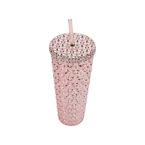 Plastic Double Wall Insulated Tumbler 26 oz with Straw, Pink Metallic, Drinkware, Flasks