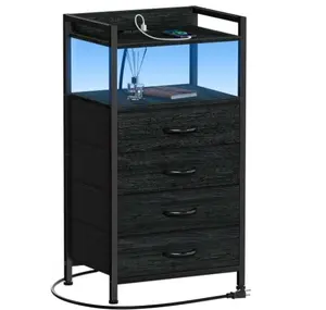 Furnulem 4 Drawer Nightstand with Shelf, Tall Black Dresser for Bedroom with Led Light and Charging Station, Bed Side Table for Living Room, Fabric Storage Bins, Metal Frame, Wood Furniture