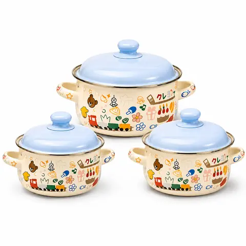 Durable Enamel 3-Piece Cookware Pots Set with Lids - Vintage Forest Printed, Double Handles, Varying Sizes (1L/1.5L/2.2L) Multi-Use for Soup, Pasta & Daily Cooking