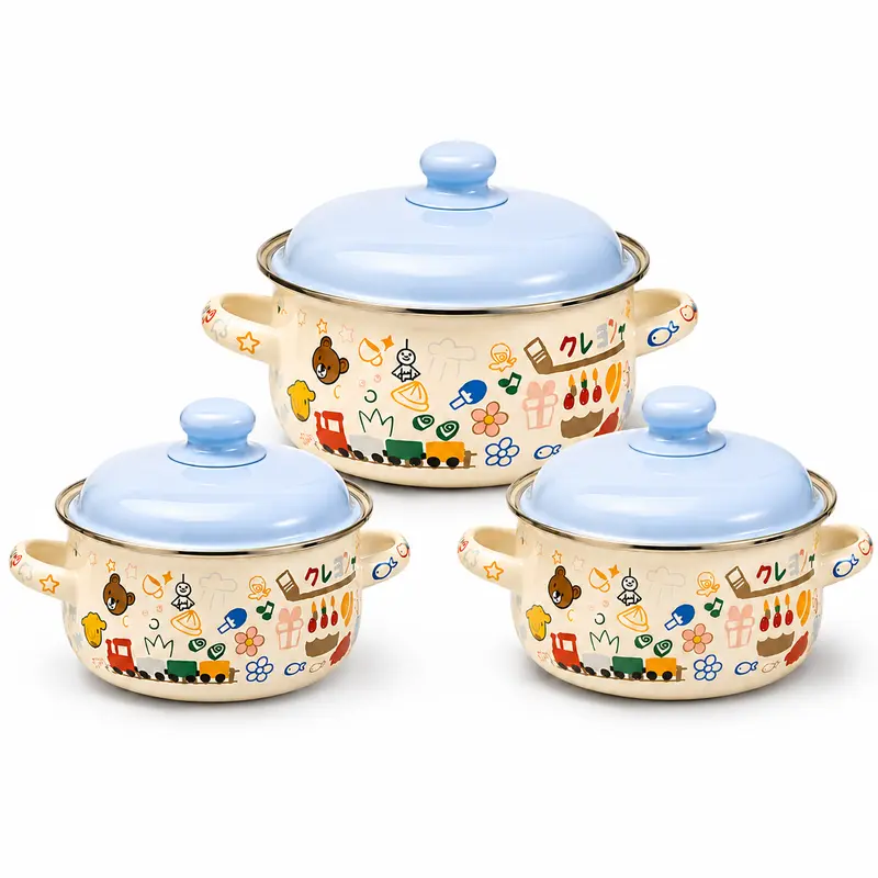Durable Enamel 3-Piece Cookware Pots Set with Lids - Vintage Forest Printed, Double Handles, Varying Sizes (1L/1.5L/2.2L) Multi-Use for Soup, Pasta & Daily Cooking